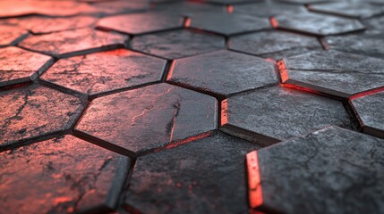 Poster - Captivating Close-Up of Textured Hexagonal Tiles with Warm Lighting and Surface Imperfections, Perfect for Backgrounds, Patterns, or Artistic Projects