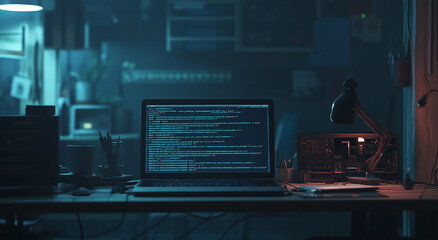 Poster - A laptop with code on the screen sits on a desk with a lamp and other office supplies in a dimly lit room
