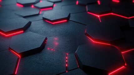 Poster - Futuristic Hexagonal Pattern with Neon Red Lighting on Dark Surface, Abstract Design for Technology and Innovation Themes