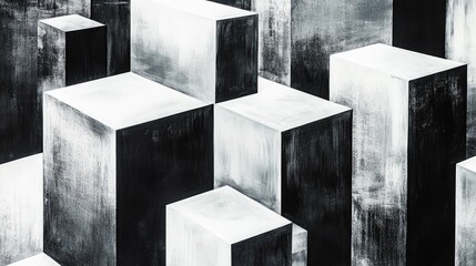 Poster - Abstract Geometric Architecture with Black and White Cubes Creating Dynamic Visual Depth and Contrast in a Modern Art Style for Creative Projects