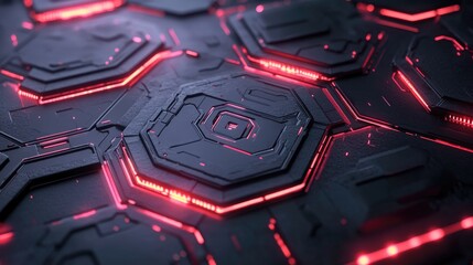 Poster - Futuristic Hexagonal Surface with Glowing Red Lines and Textures, Perfect for Technology Backgrounds, Designs, and Abstract Visual Concepts in Digital Art