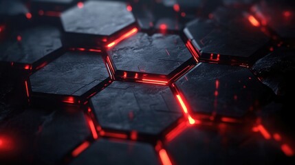 Poster - Abstract dark background featuring hexagonal tiles with glowing red outlines, creating a futuristic and dynamic atmosphere suitable for technology and digital themes.