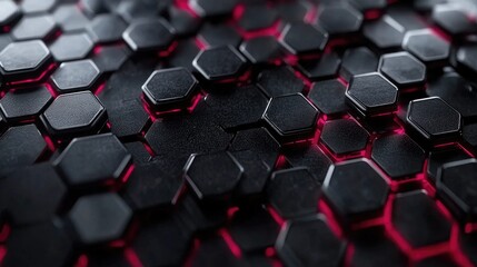 Poster - Abstract close-up of a modern textured black surface with hexagonal shapes and glowing red accents, creating a striking visual pattern for backgrounds and designs