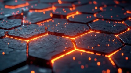 Poster - Close-Up View of Lava Flowing Between Hexagonal Rocks Creating an Abstract Textured Surface with Glowing Red Embers and Dark Stone Background for Creative Use