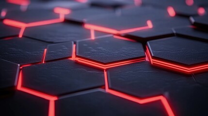 Poster - Intricate Geometric Pattern with Neon Accents on Dark Background, Featuring Hexagonal Shapes and Soft Textures for Modern Digital Design Projects