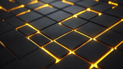 Poster - Abstract geometric pattern with illuminated tiles creating a modern design, featuring soft glowing edges in a dark environment, ideal for backgrounds and textures