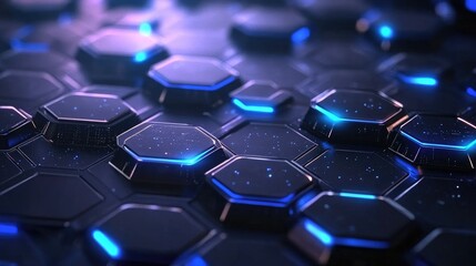 Poster - Futuristic Hexagonal Pattern with Glowing Blue Accents and Dark Background for Technology, Science, and Abstract Concept Visuals