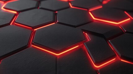Poster - Futuristic Hexagonal Pattern with Glowing Red Edges on Dark Surface, Ideal for Technology Backgrounds, Game Design, and Modern Web Aesthetics