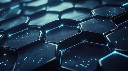 Poster - Abstract close-up view of a futuristic hexagonal patterned surface illuminated by glowing blue lights, creating a sense of depth and tech-inspired design elements in a digital environment.