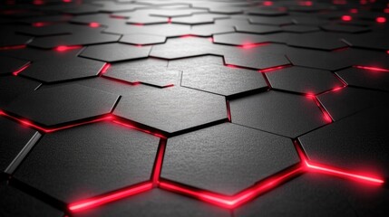 Poster - Futuristic Hexagonal Tiles with Glowing Red Led Lights on a Dark Surface Representing Modern Technology and Innovative Design for Backgrounds and Textures