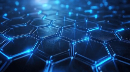 Poster - Futuristic Blue Hexagonal Pattern with Glowing Edges on a Dark Surface, Ideal for Technology Backgrounds and Digital Designs