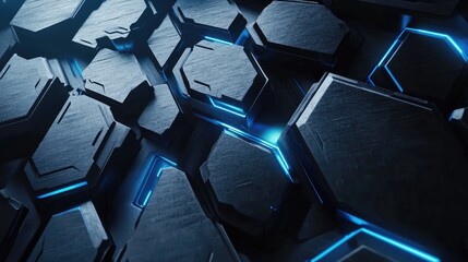 Poster - Futuristic Hexagonal Pattern with Glowing Blue Accents on a Dark Background, Perfect for Technology, Backgrounds, and Visuals Related to Innovation and Design