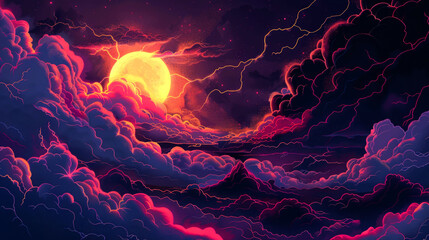 A vibrant digital illustration of a stormy sunset with a bright, full moon surrounded by pink, purple, and blue clouds.