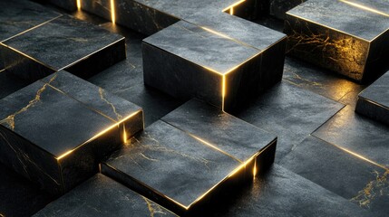 Poster - Abstract composition of dark marble blocks with golden accents illuminated within a modern design, showcasing luxury and elegance in contemporary decor settings