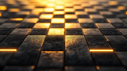 Poster - Abstract Texture of a Checkerboard Floor with Glowing Lines and Reflections, Perfect for Backgrounds in Digital Art and Design Projects