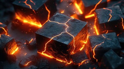Poster - Glowing Lava Stones with Cracks Illuminated by Fiery Light Creating an Atmospheric Scene of Heat and Energy in a Dark Surrounding Environment