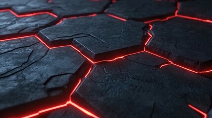 Poster - Abstract concept of cracked stone surface illuminated by glowing red light, creating a dramatic and futuristic environment, ideal for digital art or background design