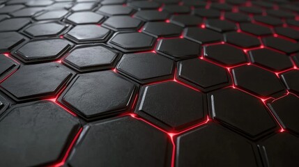 Poster - Abstract Background of Black Hexagonal Tiles with Glowing Red Lines, Perfect for Technology, Science, and Innovation Themes in Media and Design Projects