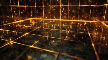 Poster - Abstract golden glowing grid surface with sparkling particles in a dark space, perfect for backgrounds or design projects in technology and art
