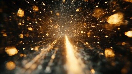 Poster - Abstract representation of glowing particles and shimmering lights creating a mesmerizing path through a cosmic space in a dynamic visual experience.