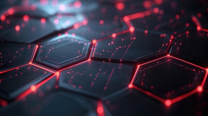 Fototapete - Futuristic Abstract Background Featuring Illuminated Hexagonal Patterns with Red Glowing Lights Over a Dark Surface for Modern Design Projects