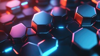 Poster - Abstract close-up of colorful hexagonal shapes arranged in a futuristic pattern, showcasing vibrant light reflections and geometric depth in a modern digital setting.