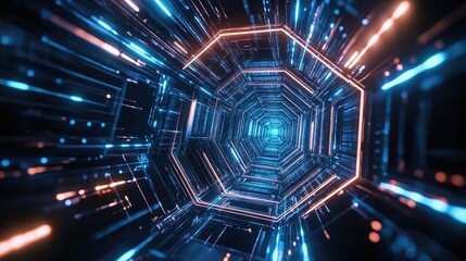 Poster - Stunning Abstract Hexagonal Tunnel with Blue and Orange Neon Lights Creating Dynamic Futuristic Atmosphere for Technology and Science Concepts