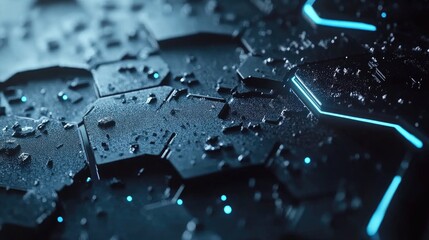 Poster - Close-up View of a Futuristic Hexagonal Surface with Water Droplets and Blue Glowing Lines on a Dark Textured Background for Digital Designs