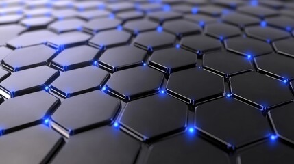 Poster - Abstract black hexagonal pattern with glowing blue lights, creating a modern and sleek design suitable for technology, innovation, and digital themes in visual projects