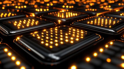 Poster - Close-Up View of Illuminated Electronic Circuit Board with Glowing Orange LED Lights on a Glossy Black Surface, Showcasing a High-Tech Digital Environment
