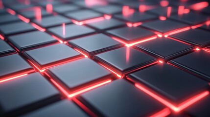 Poster - Abstract Background with Glowing Red Neon Lights on Black Squares Creating a Futuristic Digital Landscape for Technology and Gaming Themes