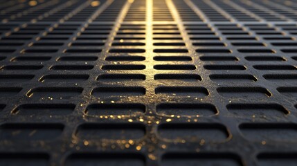 Poster - Close-Up View of Textured Metal Surface with Light Reflection in Industrial Setting, Featuring Grid Pattern, Depth and Contrast in Abstract Details