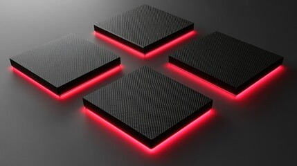 Poster - Abstract geometric composition of four black textured panels illuminated by vibrant red lights against a smooth dark background, perfect for modern design projects.