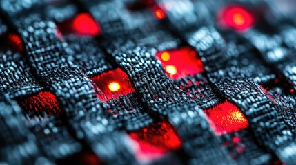 Poster - Close-Up View of Textured Fabric With Illuminated Red Lights, Creating a Futuristic and High-Tech Appearance in a Macro Perspective of Textile Material