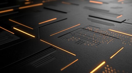 Poster - Abstract close-up of a textured black surface featuring illuminated orange lines and geometric patterns, creating a futuristic and modern visual aesthetic