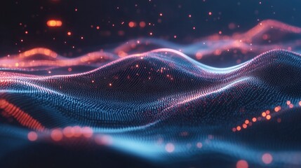 Poster - Abstract Digital Landscape with Flowing Waves and Shimmering Particles in Blue and Orange Hues Representing Data and Technology Background