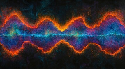 Poster - Vibrant Abstract Wave Pattern in Electric Colors: A Fiery Display of Orange, Blue, and Purple Against a Dark Background for Backgrounds or Digital Designs