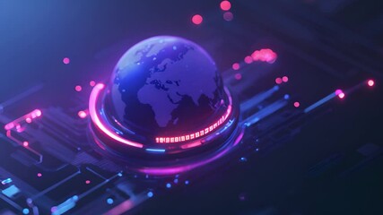 glowing digital globe on circuit board, concept of global technology and connectivity