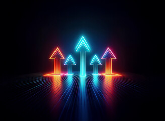 Aufkleber - Four glowing neon arrows point upwards on a dark reflective surface.