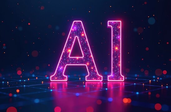 Neon-colored AI text illustration with a glowing neon-colored outline on a dark background