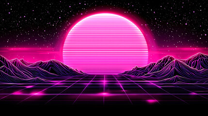 Sticker - Retro futuristic landscape with a pink sun and grid.