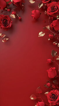 Deep red Valentine's Day scene with faint outlines of roses and kisses around the border, leaving a soft center area for personalized messages or text. Vertical reels story post greeting card