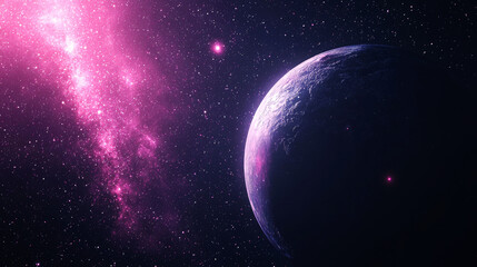 Wall Mural - A blue planet with a pink nebula in the background.