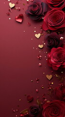 Poster - Elegant Valentine's Day abstract background with deep red burgundy roses scattered over rich red gradient, with shimmering gold hearts and soft pink highlights. Vertical reels story post greeting card