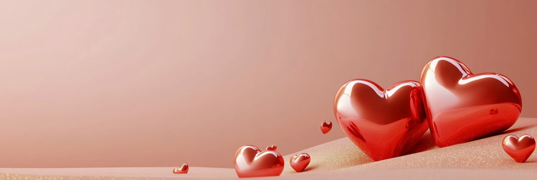 Elegant abstract Valentine's Day scene featuring floating hearts in varying sizes, shaded in red pink on a warm blush background with gentle light reflections. Horizontal 3:1 wide web banner template