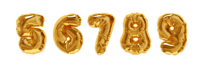 Poster - Collection of Inflated balloons numbers from 5 to 9 isolated on a white background. Realistic 3d design. Set of numbers made of rumpled latex material gold gradient colors. Vector illustration