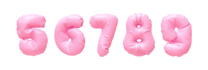 Fototapete - Collection of Inflated balloons numbers from 5 to 9 isolated on a white background. Realistic 3d design. Set of numbers made of rumpled latex material pink soft pastel color. Vector illustration