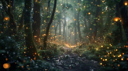 Canvas Print - A serene forest scene illuminated by glowing particles, creating a magical atmosphere.