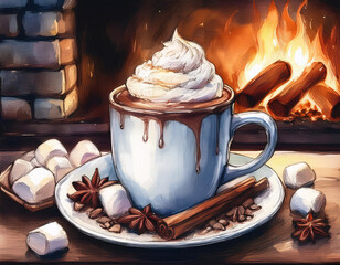 Wall Mural - A steaming mug of hot chocolate topped with whipped cream and marshmallows, with a cozy fireplace in the background