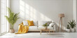 © gogu - A simple living room with white walls a sofa and coffee table a carpet on the floor green plants in vases a lamp stand a yellow blanket and lightcolored decorative eleme